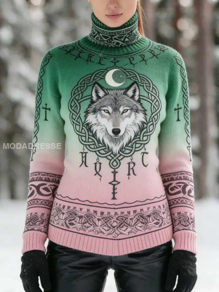 Kvinnors Vintage Viking Celtic Knot varg Rune Skriv ut turtlenecks tröjar grönt / S
