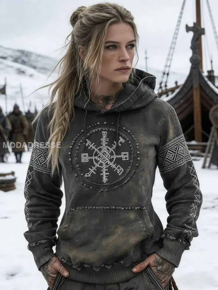 Kvinnors Vintage Viking Svensk Rhinestone Distressed Art Print Casual bomull Hooded Pocket Sweatshirt grå / S