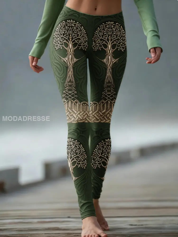 Kvinnors Vintage Viking träd liv keltiska sticka bekväma Leggings grönt / S