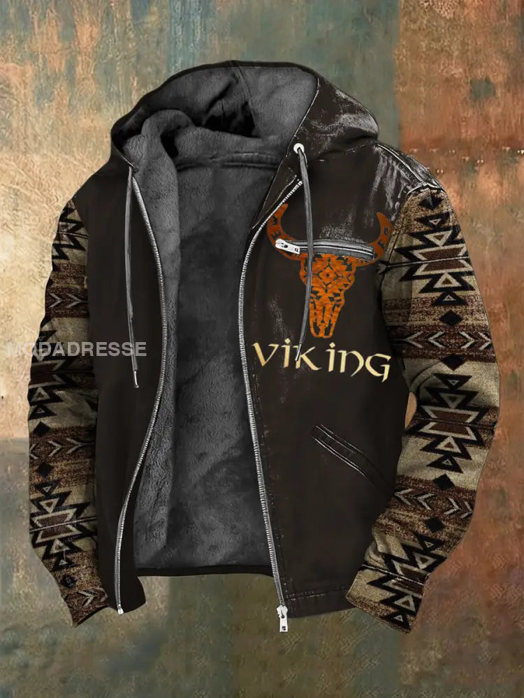 Män Rustic Tribal Viking Bull Print Sherpa linned Jacka flerlog / S