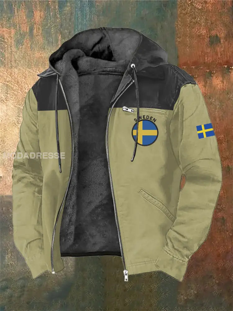 Män svensk flagga tryck långärmade hattjacka jacka Khaki / S