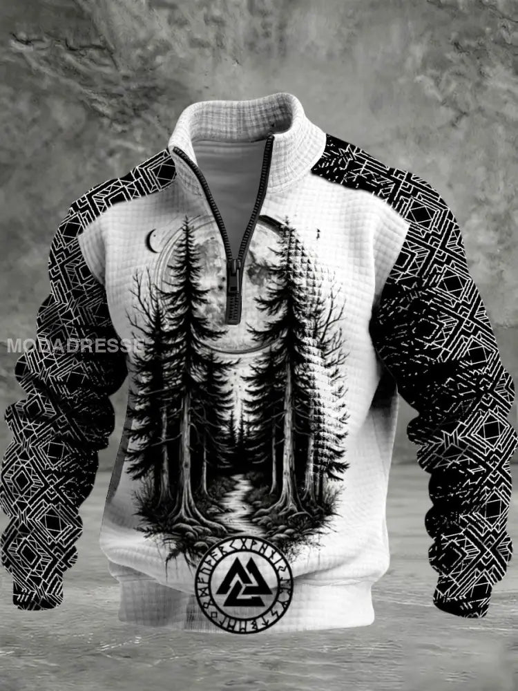 Mäns atmosfäriska skog valknut Print Vit kviltad Halv-Zip Hoodie Vit flerlog / S