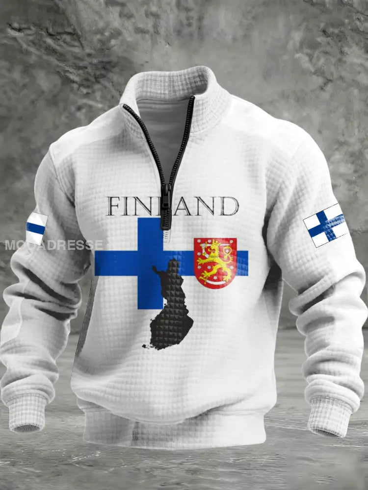 Mäns bekymrade vit ’FINLAND’ Flagg & Lion Crest kvarter-Zip Sweatshirt flerlog / S