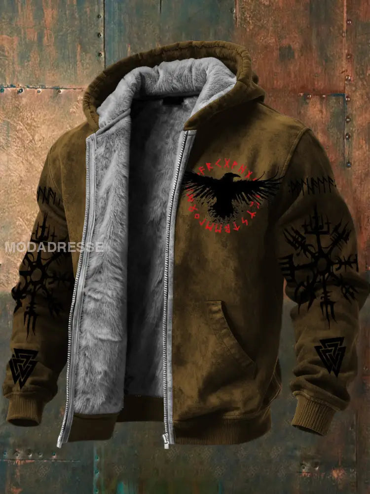 Mäns bruna Viking Raven & Rune Print Fleece fodrad huvad jacka flerlog / S