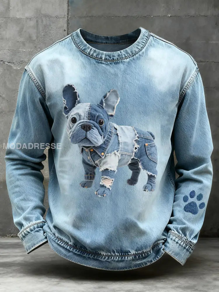 Mäns Denim Patchwork konst Franska Bulldog mönster Sweatshirt blå / S