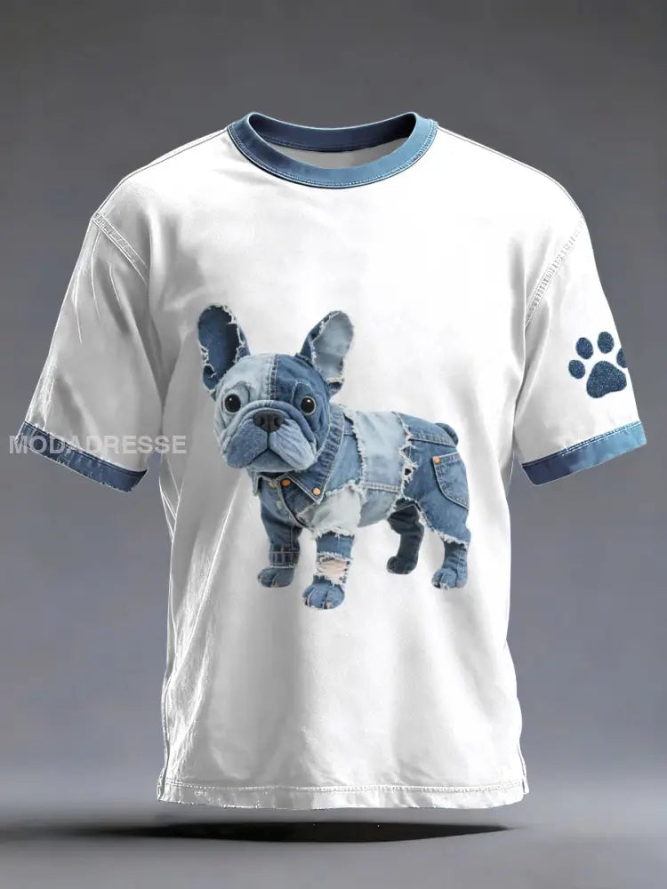 Mäns Denim Patchwork konst franska Bulldog mönster tvättad T-shirt vitt / S