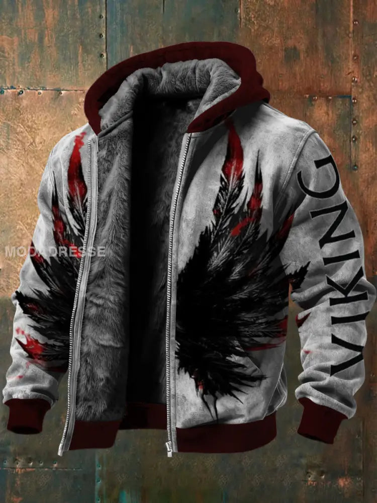 Mäns djärva dubbel viking fjäder Print Sherpa linned Jacka flerlog / S