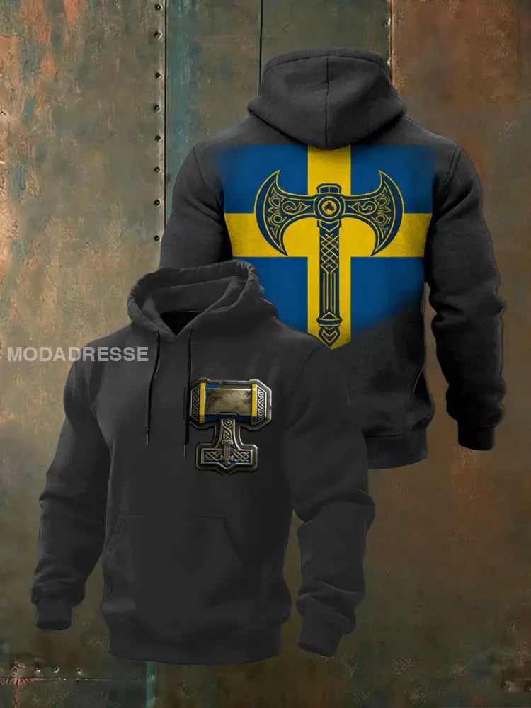 Mäns djärva Svart svenska flagga Thors Hammer Hoodie. flerlog / S
