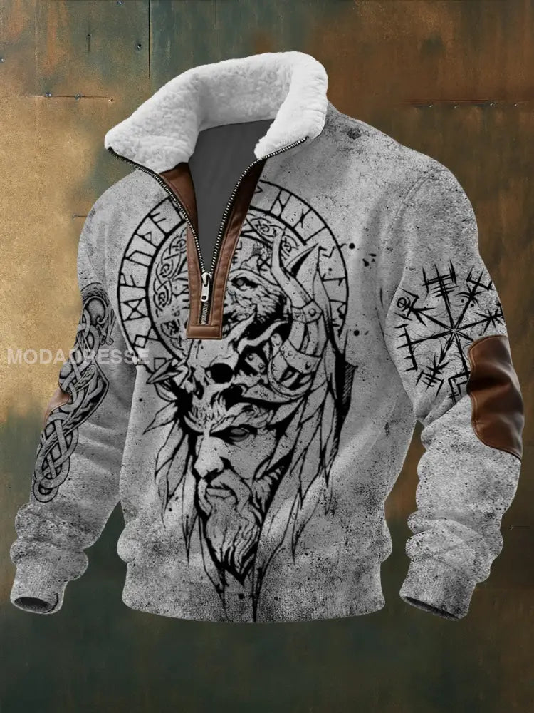 Mäns Edgy Monokrom Viking Rune Skriv ut Fleece-Collar Hoodie flerlog / S