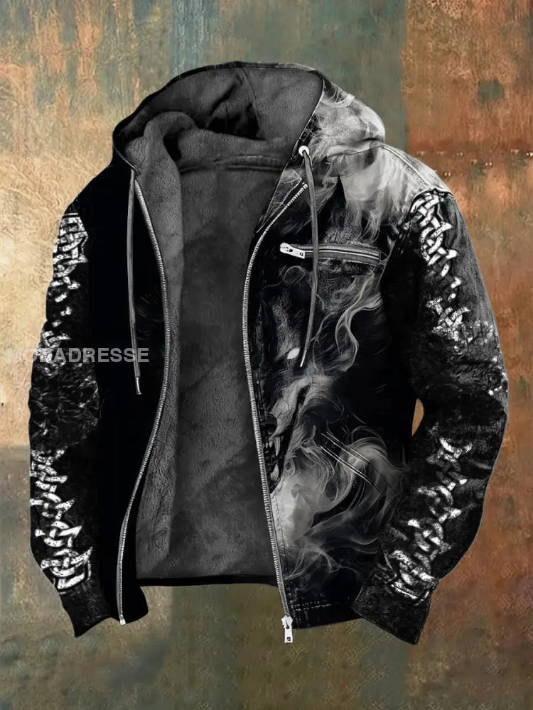 Mäns Edgy svart rök viking varg Print Sherpa fodrad Jacka flerlog / S