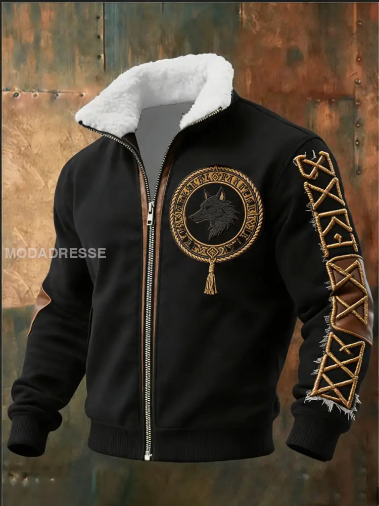 Mäns Edgy svart varg & knutarbete Viking Sherpa Hoodie Vikinga flerlog / S