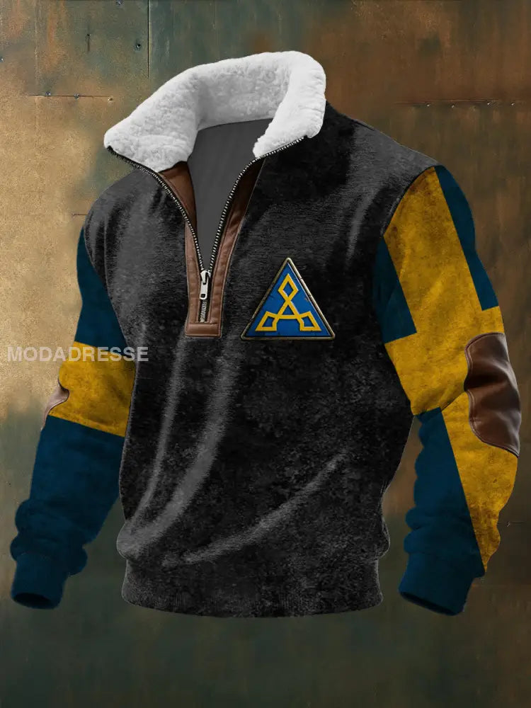 Mäns fet svart triangel symbol & färg-block sherpa-lined Hoodie flerlog / S