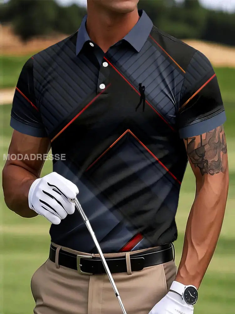 Mäns Golf Abstract linjer Geometriska Patchwork Konst Skriv ut Casual Business Polo tröj S