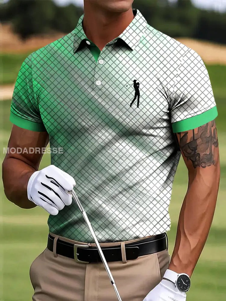 Mäns Golf Retro Checkered färgglada konstnärliga Print Casual Business Polo tröj S