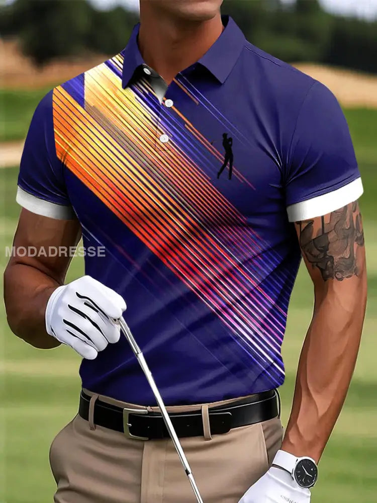 Mäns Golf Retro färgglada ränder Konstnärliga Print Casual Business Polo tröj flerlog / S
