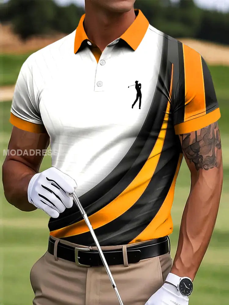 Mäns Golf Stripad Textured Patchwork Konstnärliga Print Casual Business Polo tröj S