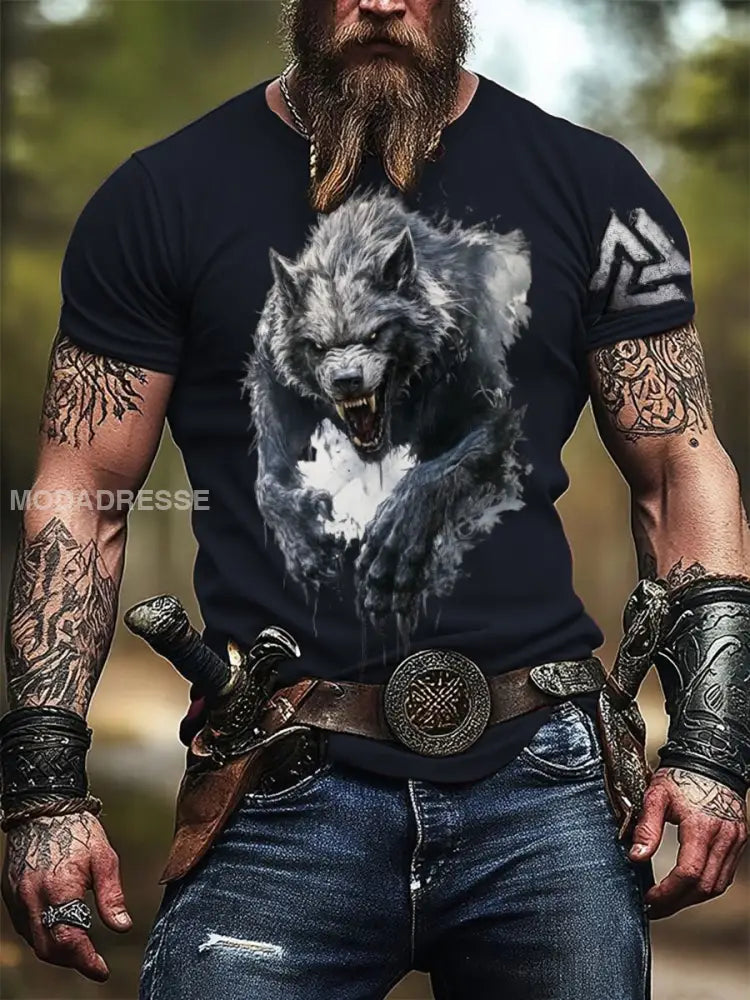 Mäns kraftfulla varg & valknut Skriv ut Viking T-shirt flerlog / S