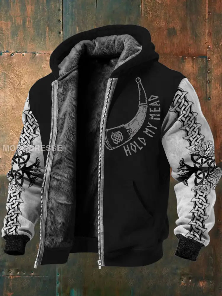 Mäns lekfulla ’Håll min mjöd’ Horn Print Fleece-Lined Zip Jacka flerlog / S