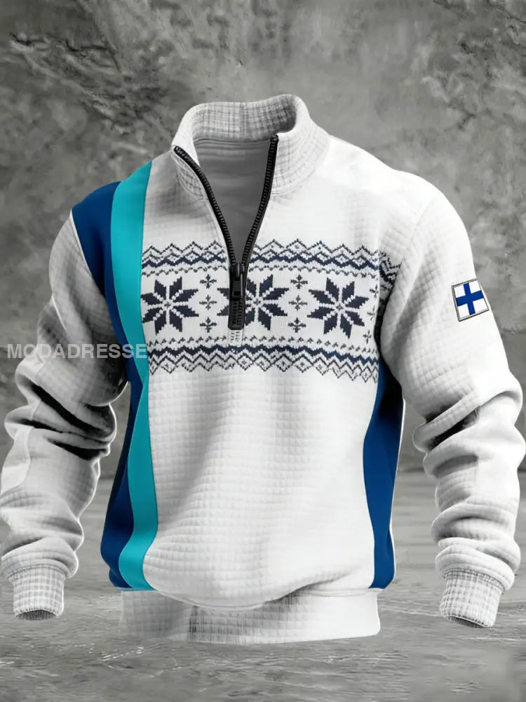 Mäns levande blå-Teal Nordic Snöflinga & Finnish Flag Quarter-Zip Sweatshirt flerlog / S