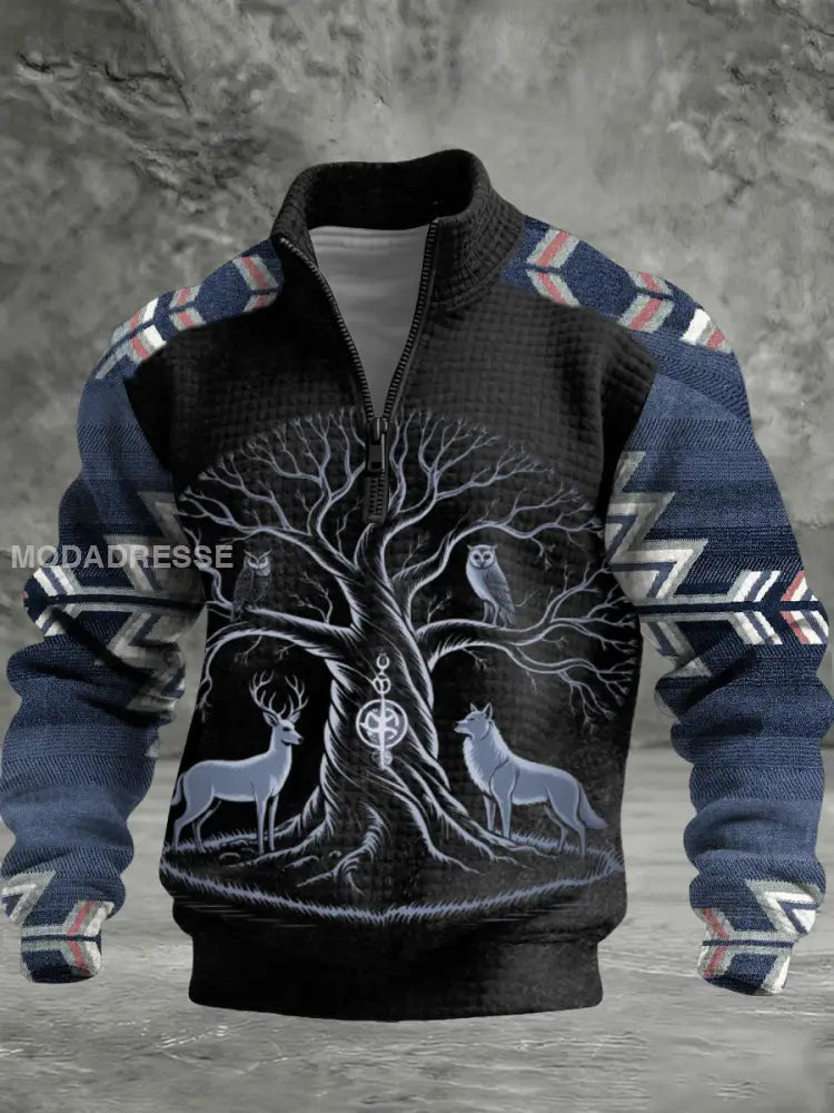 Mäns mystiska Yggdrasil träd utskrift färg-block kviltad halv-Zip Hoodie Print flerlog / S