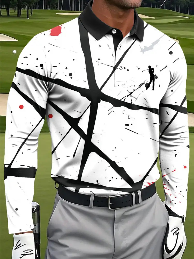 Mäns Retro Abstract Linje bläck Konst Skriv ut Casual Business Lång ärm Polo tröj flerlog / S