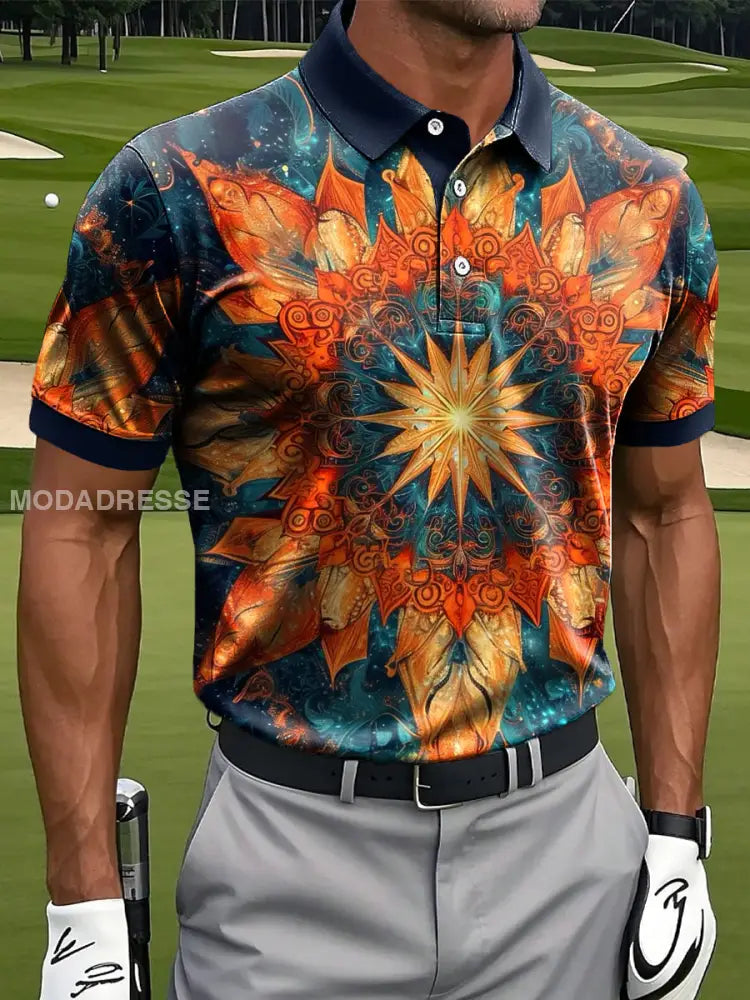 Mäns Retro Abstract Mandala Konst Skriv ut Casual Business Polo tröj flerlog / S