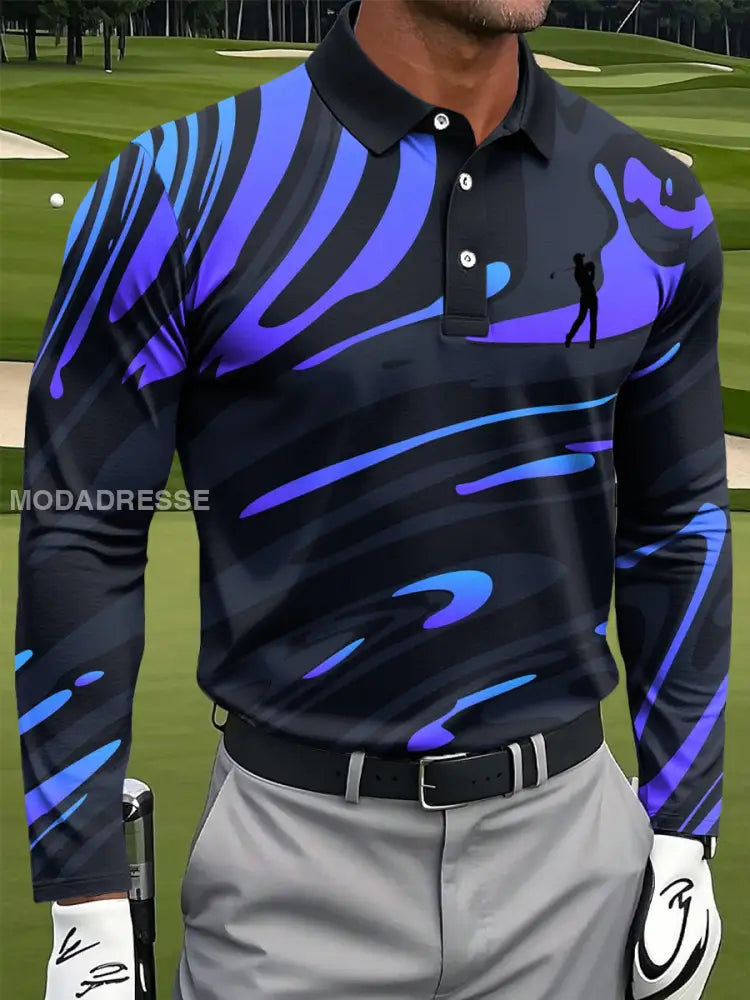 Mäns Retro Abstract Stripe Textur Konst Skriv ut Casual Långa ärmad Polo tröj flerlog / S
