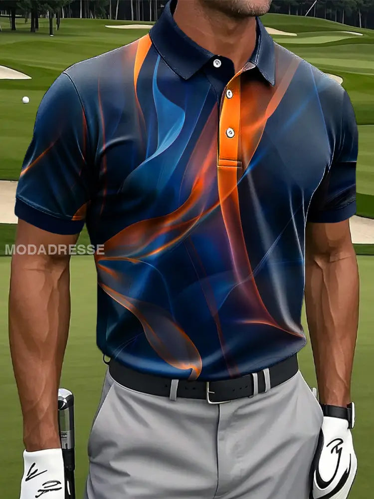 Mäns Retro Abstrakt färgglada Textured Print Casual Business Polo tröj S