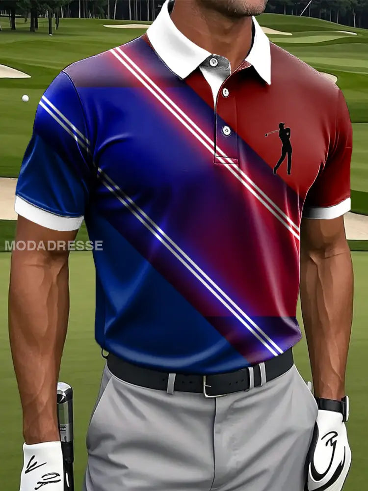 Mäns Retro Gradient färgglada ränder Konstnärliga Print Casual Business Polo tröj S