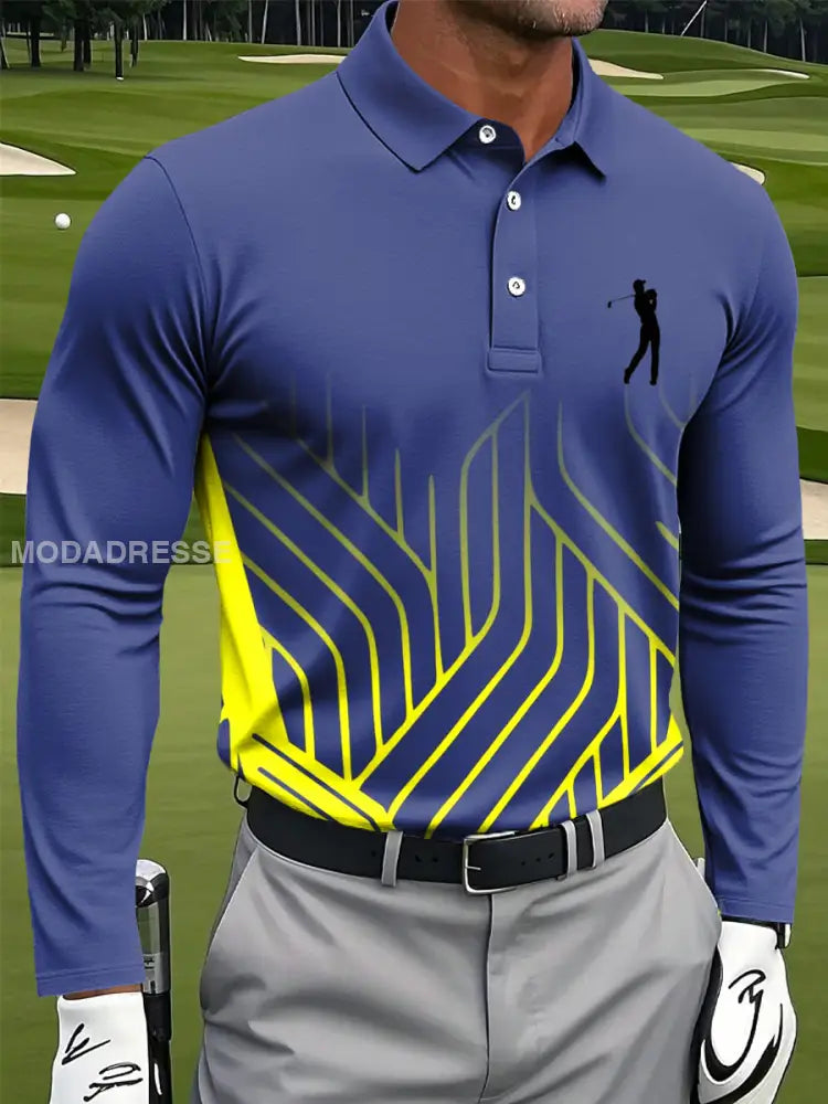 Mäns Retro Gradient linje konst Skriv ut Casual Business Lång ärm Polo tröj flerlog / S