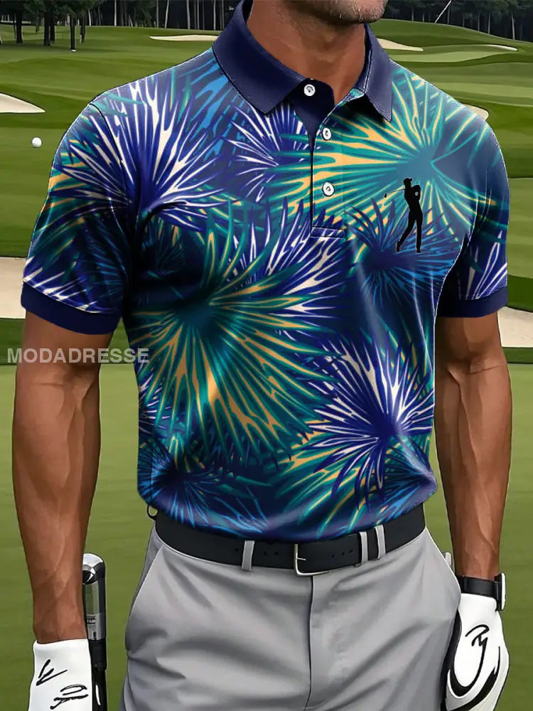 Mäns Retro Hawaiian Tropical Leaf Art Skriv ut Casual Business Polo tröj flerlog / S