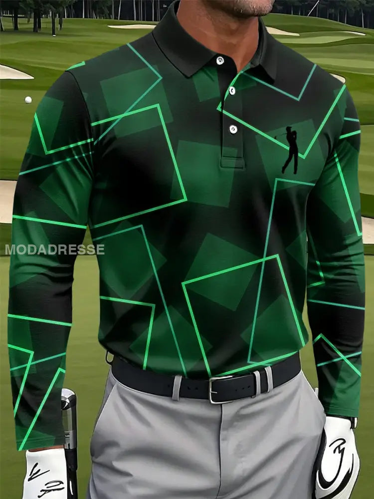 Mäns Retro linje Geometrisk konst Skriv ut Casual Business Lång ärm Polo tröj flerlog / S