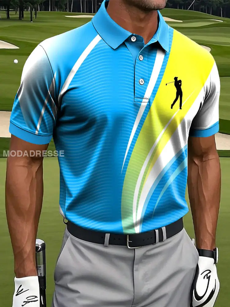 Mäns Retro Multicolor Line Ripple Art Print Casual Business Polo tröj S