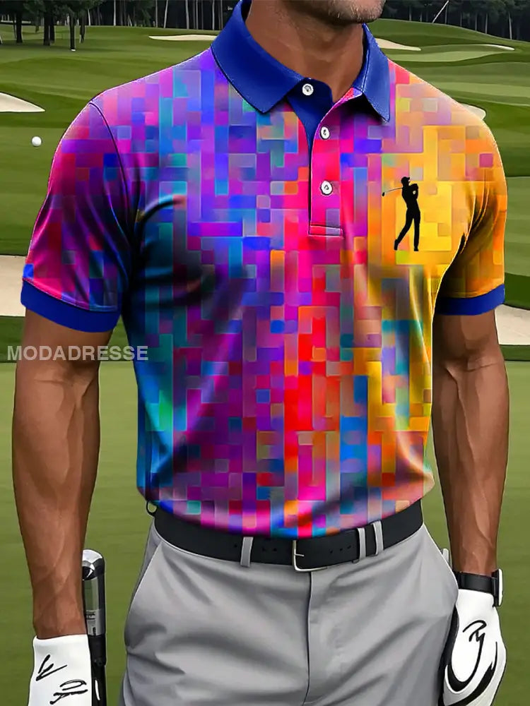 Mäns Retro Regnbåge Geometriska oljemålning Konst Skriv ut Casual Business Polo tröj S
