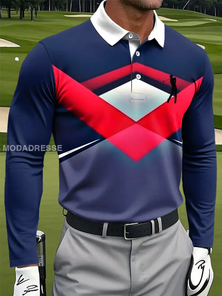 Mäns Retro Stripad Geometrisk konst Skriv ut Casual långärmad Polo tröj flerlog / S