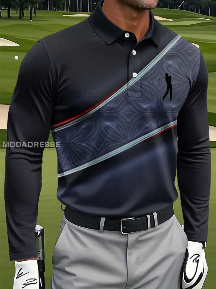 Mäns Retro Striped textured konst Skriv ut Casual långärmad Polo tröj flerlog / S