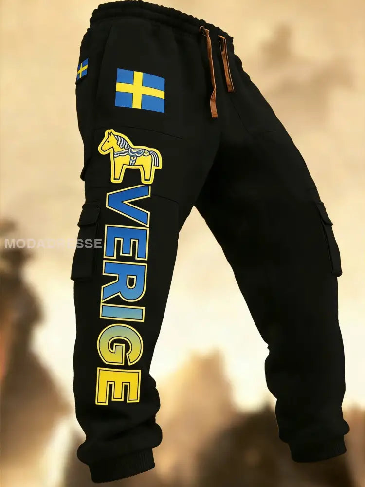 Mäns Retro Svenska flaggbricka Casual Byxor svart / S