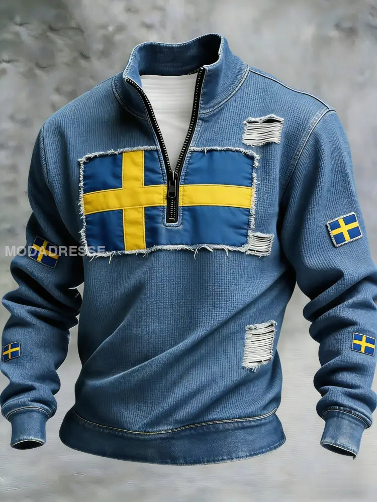 Mäns Retro Svenska flaggbricka Casual Våffle Sweatshirt blå / S