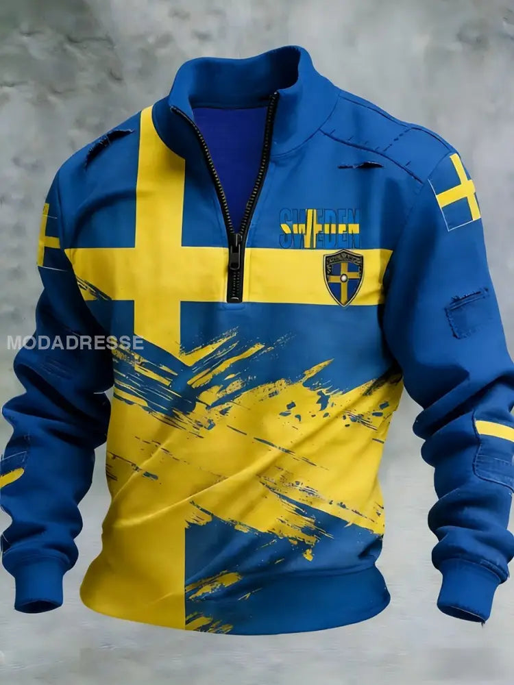 Mäns Retro Svenska flaggbricka Casual Våffle-Weave Sweatshirt blå / S