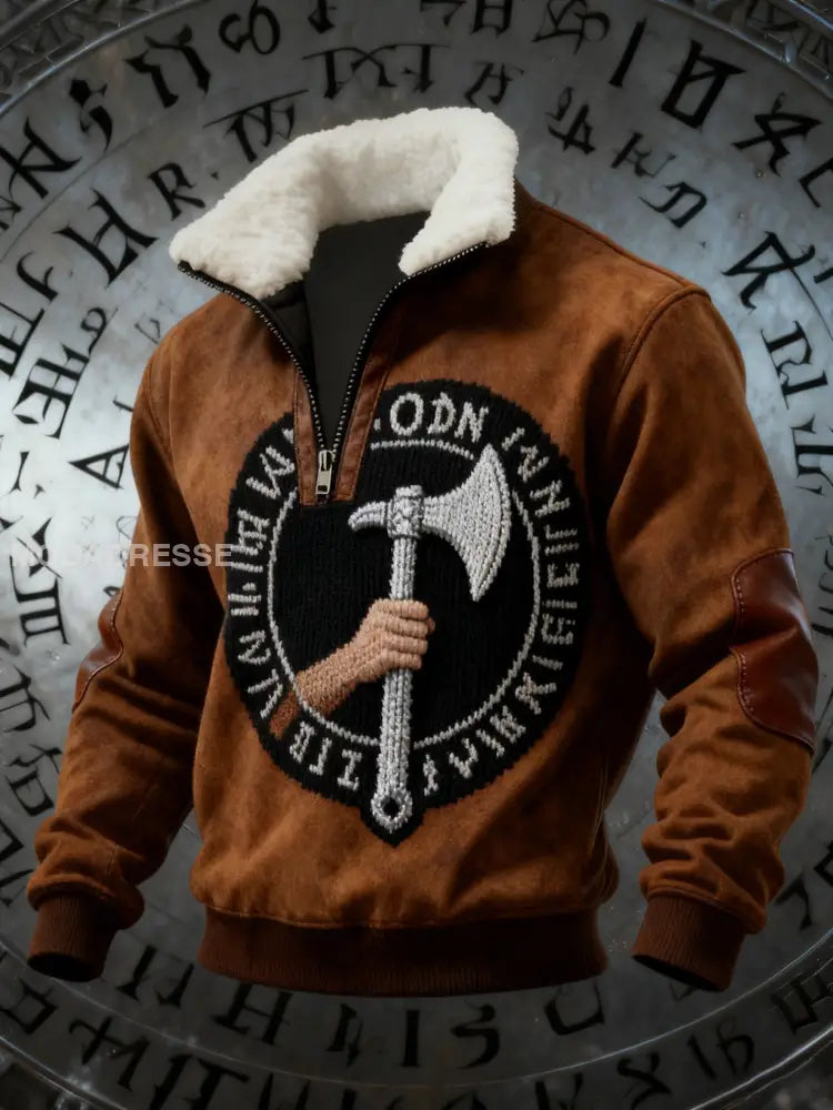 Mäns Retro Viking Keltisk knop Axe Print Baggy Zip-up Sweatshirt brun / S