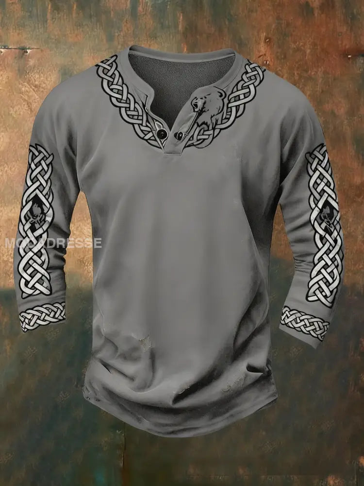 Mäns Retro Viking keltisk knop Skriv ut Casual Lång ärmknapp ner T-shirt grå / S