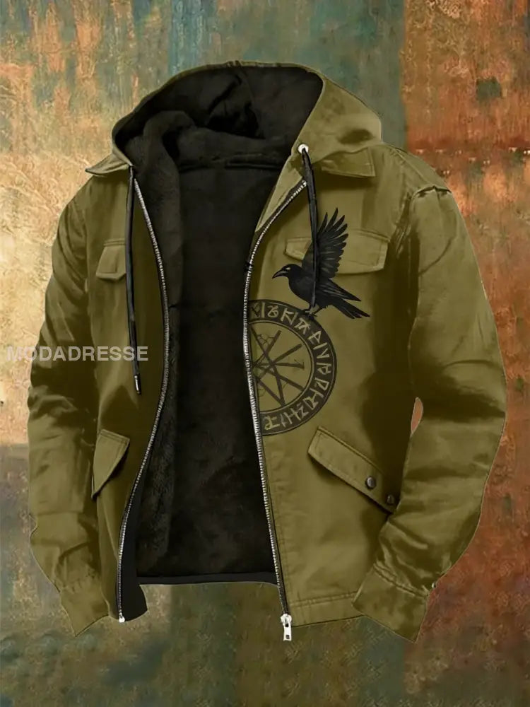 Mäns Retro Viking Raven Rune Skriv ut Casual Zip-Up Fleece Hooded Jacka grönt / S
