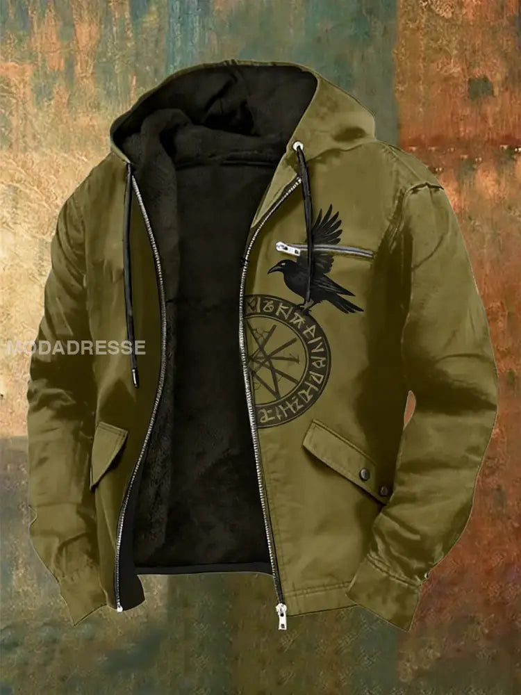 Mäns Retro Viking Raven Rune Skriv ut Casual Zip-Up Fleece Hooded Jacka grönt / S