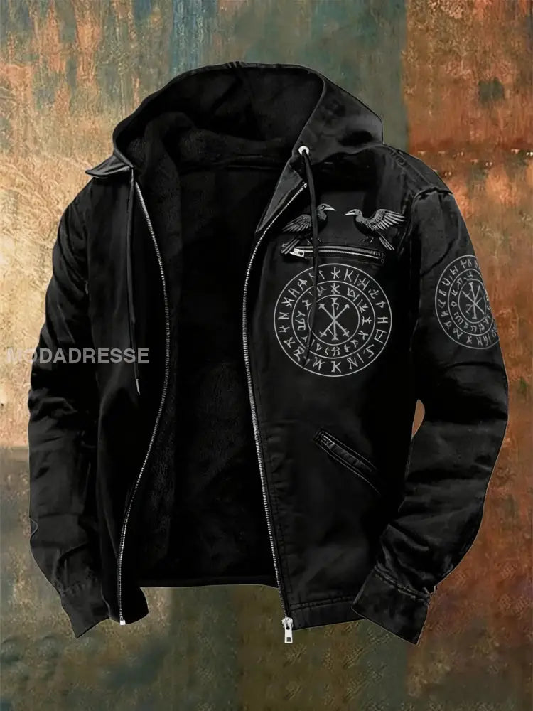 Mäns Retro Viking Raven Rune Skriv ut Casual Zip-Up Fleece Hooded Jacka svart / S