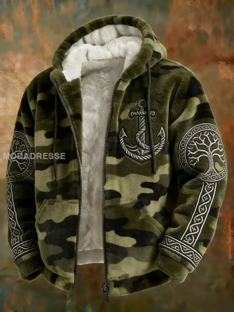 Mäns Retro Viking Svenska Veteran Keltisk Knop Camo Flannel blixtlås huvad jacka grönt / S