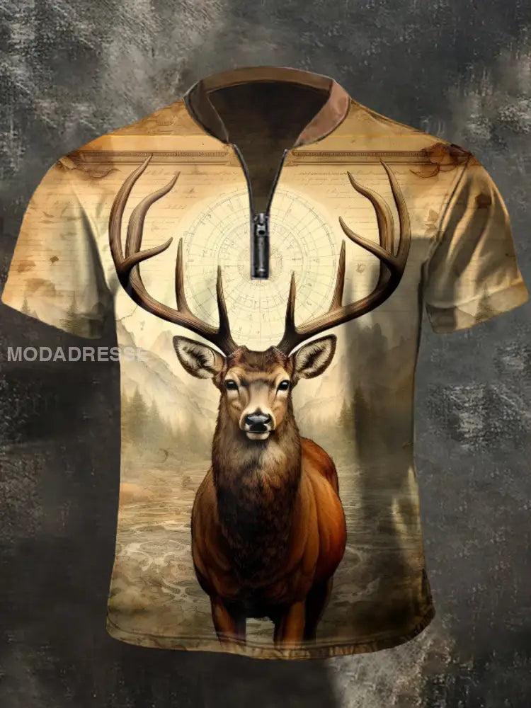 Mäns Retro Western Deer Print Casual blixtlås övrev som bild / S