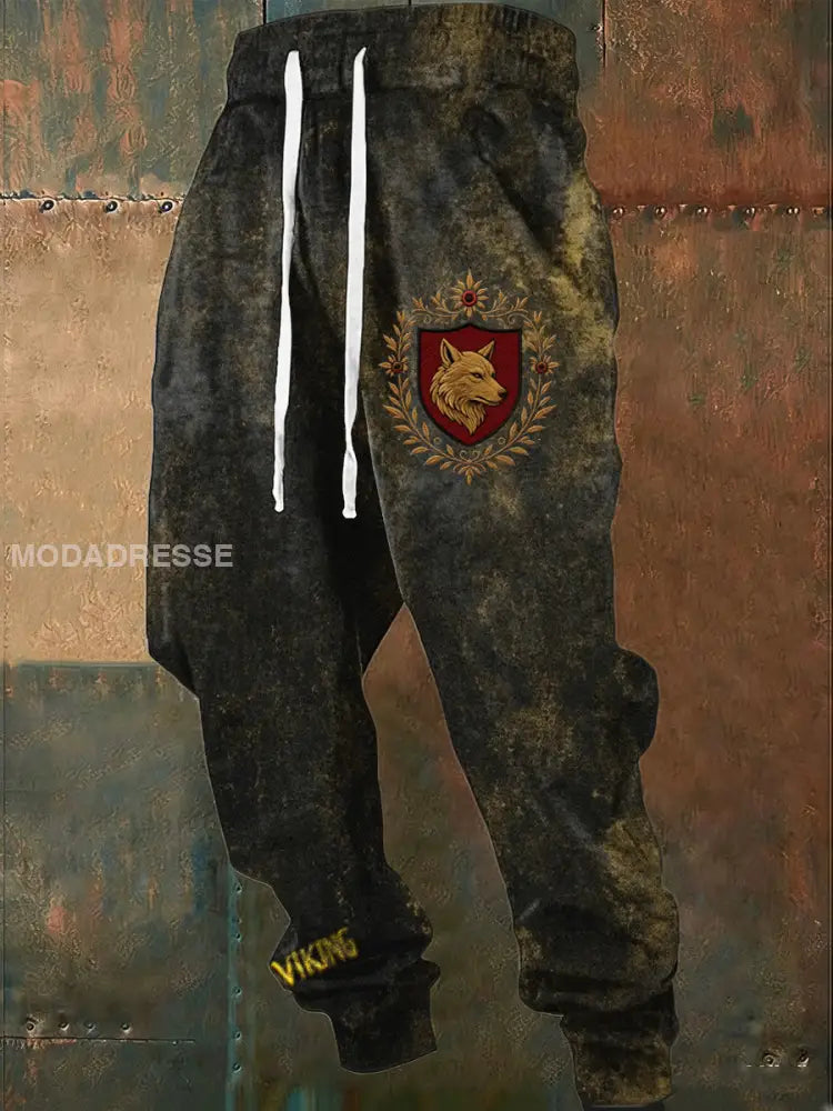 Mäns rika Vintage Varg sköld Emblem dragsträng Joggers flerlog / S