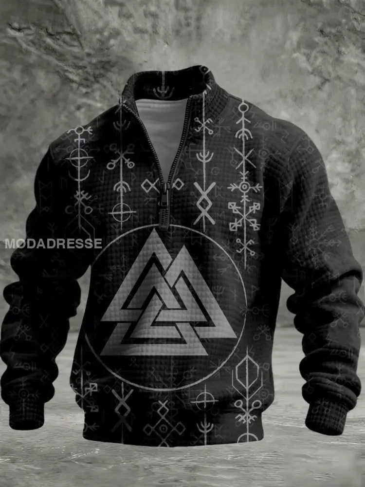 Mäns slanka valknut Rune Skriv ut svart kviltade halv-Zip Hoodie. flerlog / S