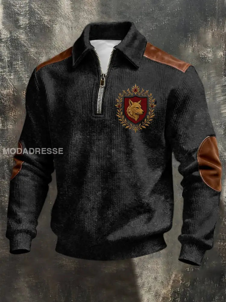 Mäns slat svart varg Crest Emblem Sweatshirt flerlog / S