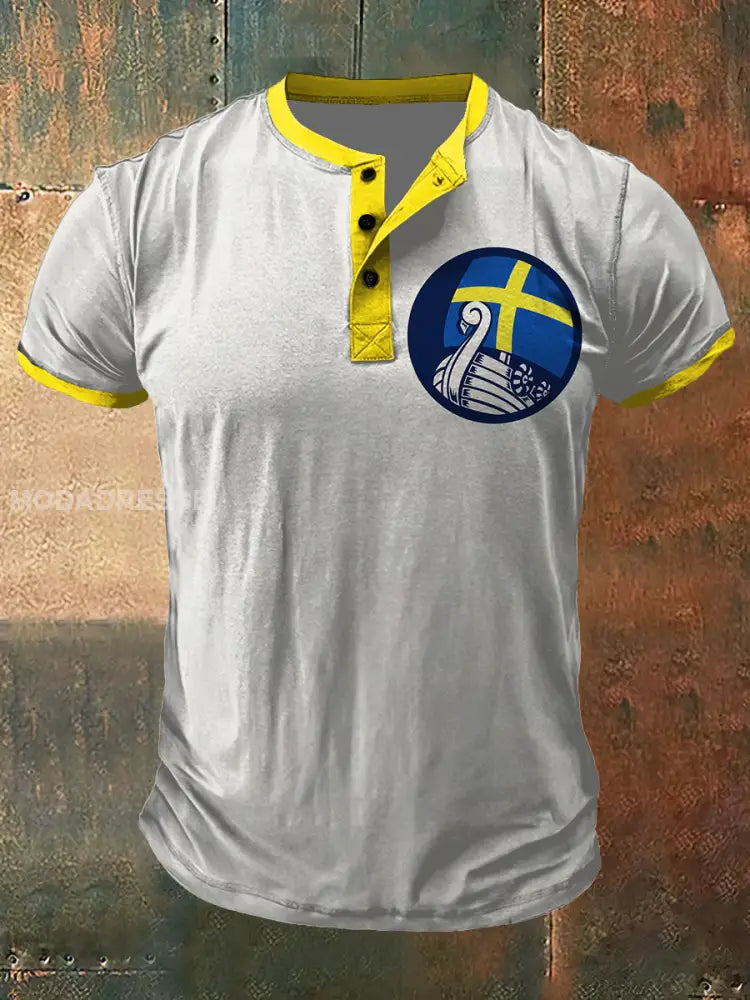 Mäns svenska Viking skepp Skriv ut konst kort ärm hensley hals T-shirt S